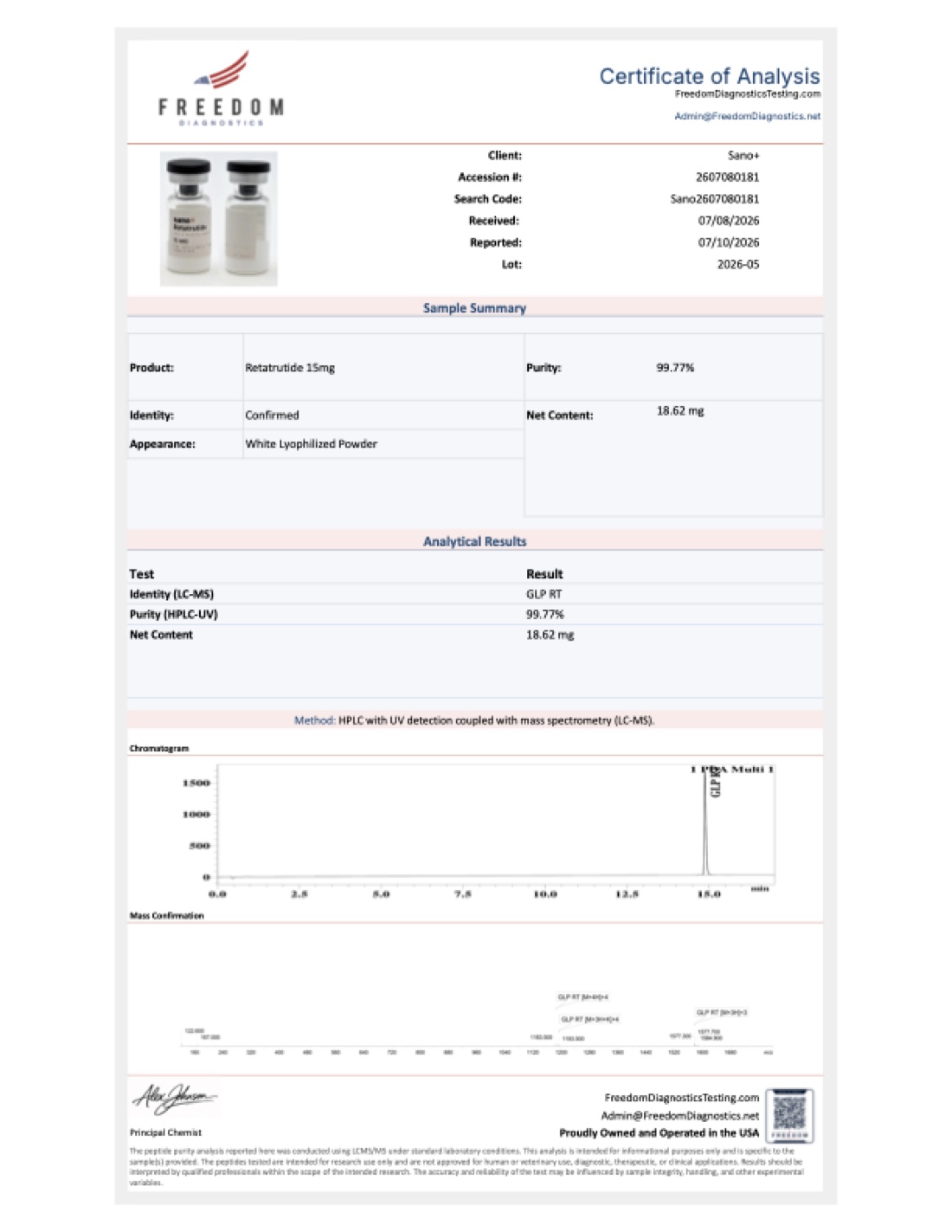 Certificate of Analysis for Retatrutide, lot 2026-05 — 99.77% purity, tested by Freedom Diagnostics